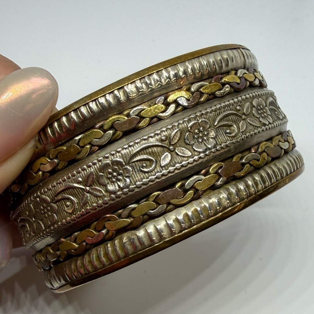 Vintage Mixed Metal Wide Cuff Bracelet Floral Silver Brass Boho